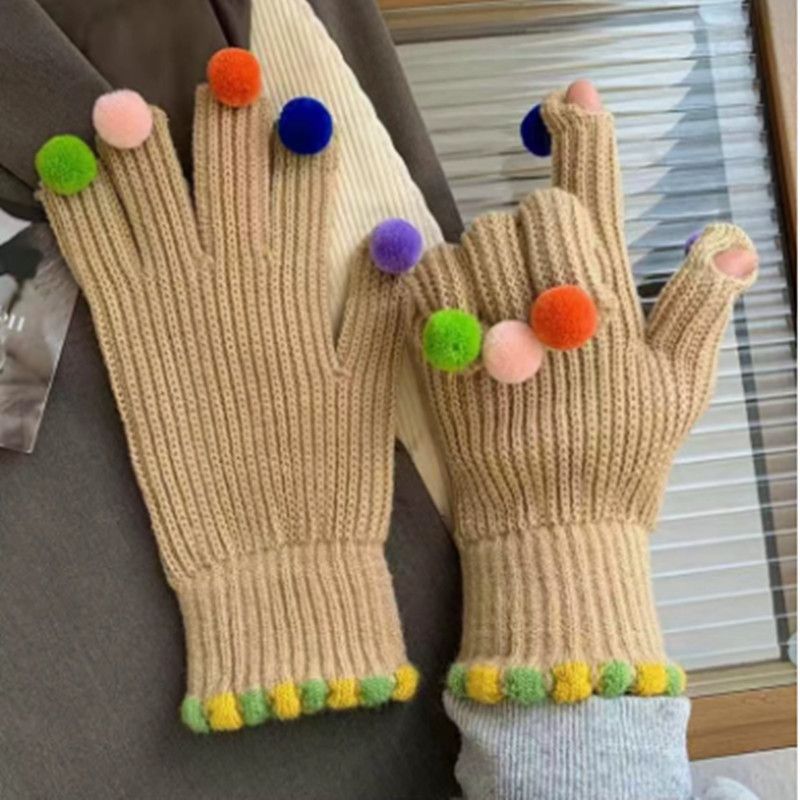 Fashion Fur Ball Knitted Gloves Winter Thick Women Split Finger Fingerless Touch Screen Warm Student Girls Christmas Gift
