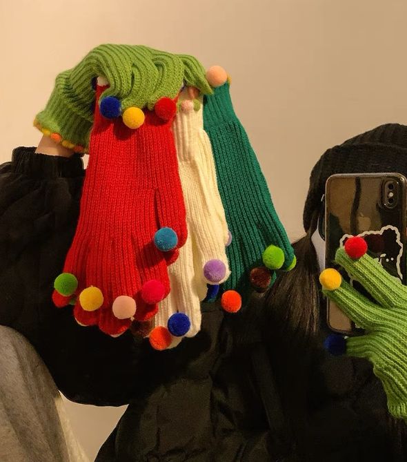 Fashion Fur Ball Knitted Gloves Winter Thick Women Split Finger Fingerless Touch Screen Warm Student Girls Christmas Gift