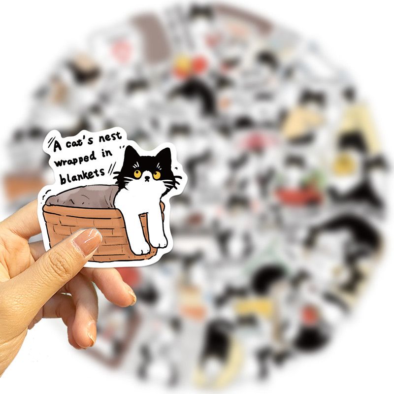 50PCS Cartoon Black and White Cats Waterproof Graffiti Stickers for Helmet Bicycle Hand Account Pencil Case Decals