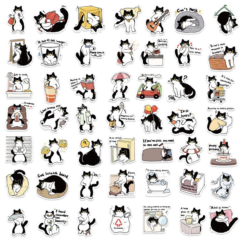 50PCS Cartoon Black and White Cats Waterproof Graffiti Stickers for Helmet Bicycle Hand Account Pencil Case Decals