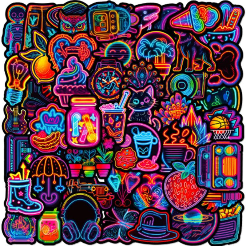 50PCS Funny Neon Light Cartoon Stickers DIY Cool Graffiti Sticker for Laptop Luggage Bike Snowboard Waterproof Decal Toys H-66