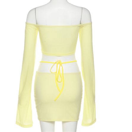 Fashionable Long Sleeve One Shoulder Mini Dress Women's Slim Fit Solid Color Summer New Arrival Skirt Set Elegant Knee Length