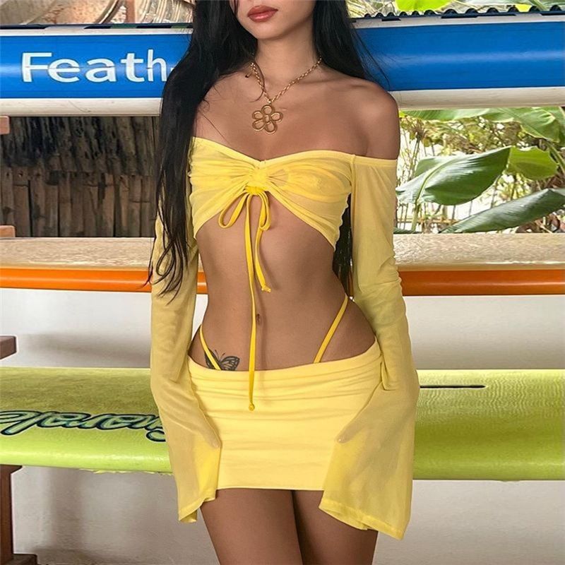 Fashionable Long Sleeve One Shoulder Mini Dress Women's Slim Fit Solid Color Summer New Arrival Skirt Set Elegant Knee Length