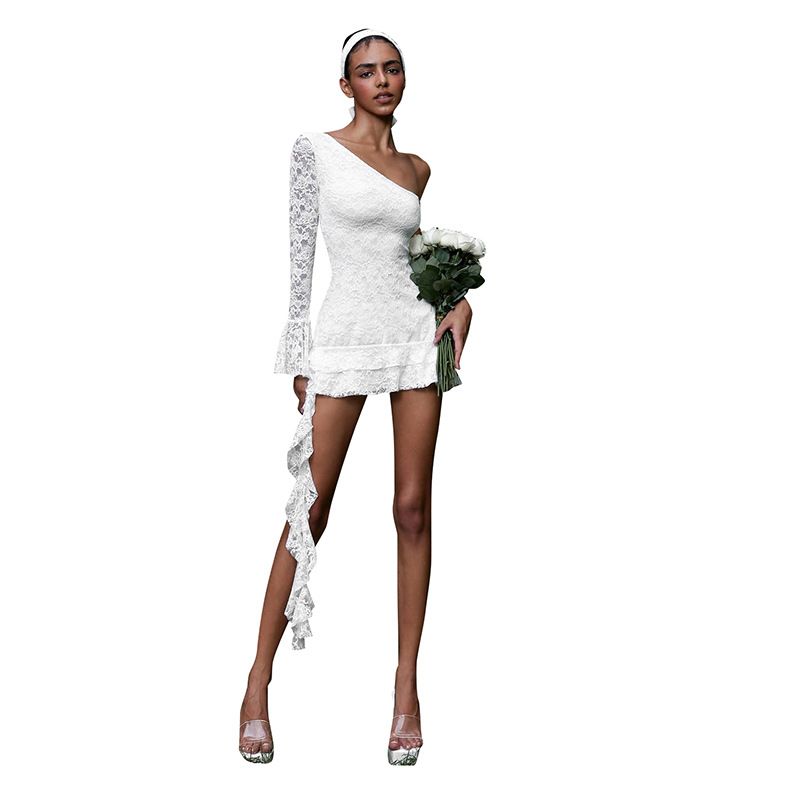 2026 Spring Sexy One Shoulder Lace Ruffles Dress Women Slim Backless Diagonal Neck Mini Dress Female Party Nightclub Vestidos