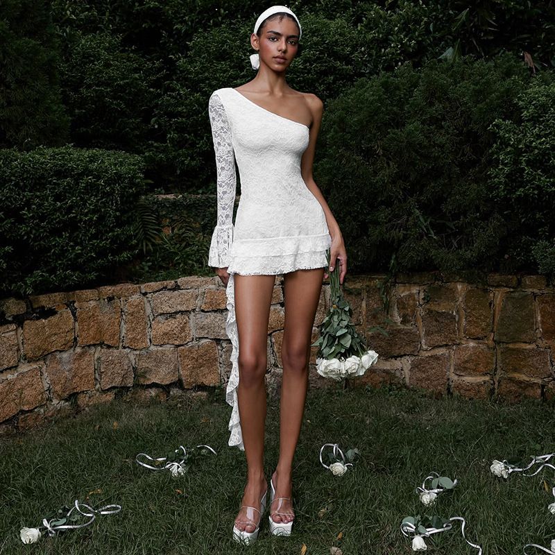 2026 Spring Sexy One Shoulder Lace Ruffles Dress Women Slim Backless Diagonal Neck Mini Dress Female Party Nightclub Vestidos