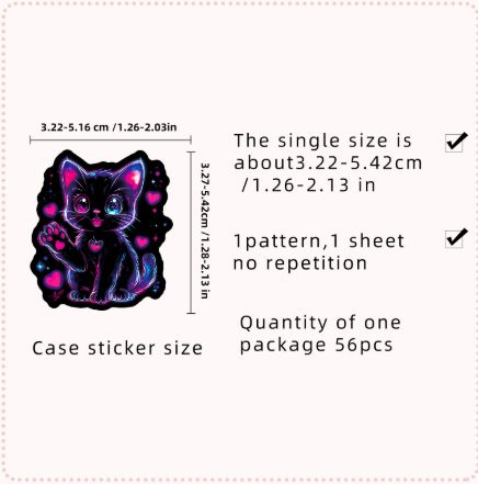 56Pcs Neon Light Cat Cartoon Stickers Aesthetic Cute Cat Decal DIY Phone Guitar Laptop Notebook Suitcase Waterproof Stickers H-59