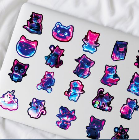 56Pcs Neon Light Cat Cartoon Stickers Aesthetic Cute Cat Decal DIY Phone Guitar Laptop Notebook Suitcase Waterproof Stickers H-59