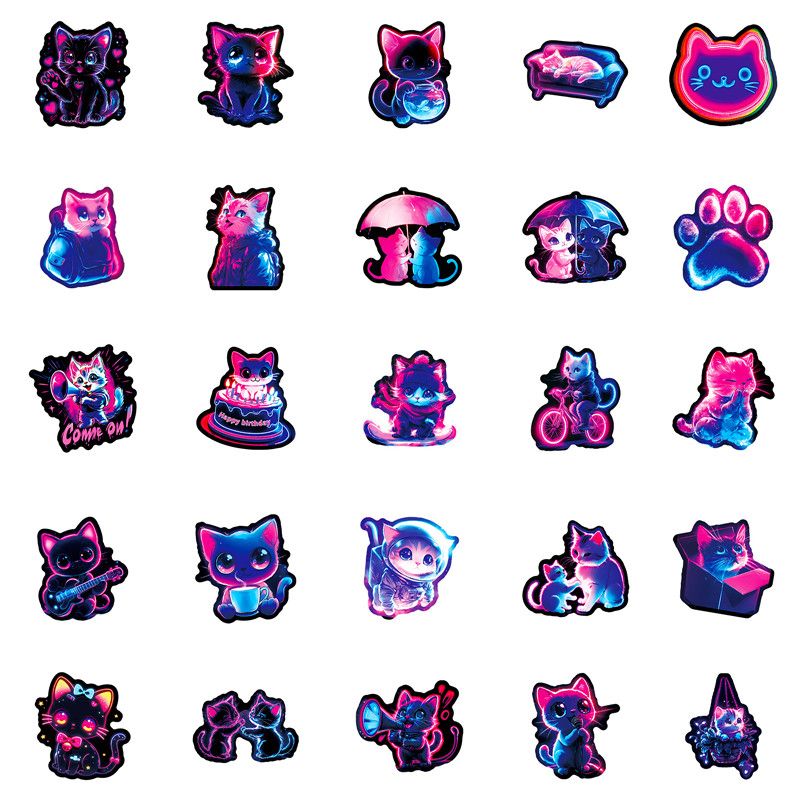 56Pcs Neon Light Cat Cartoon Stickers Aesthetic Cute Cat Decal DIY Phone Guitar Laptop Notebook Suitcase Waterproof Stickers H-59