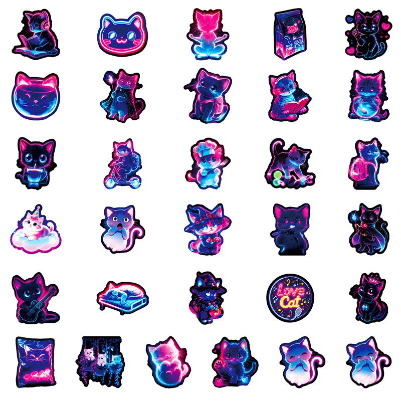 56Pcs Neon Light Cat Cartoon Stickers Aesthetic Cute Cat Decal DIY Phone Guitar Laptop Notebook Suitcase Waterproof Stickers H-59