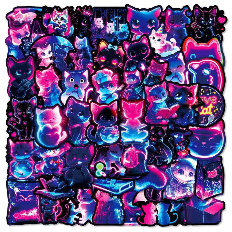 56Pcs Neon Light Cat Cartoon Stickers Aesthetic Cute Cat Decal DIY Phone Guitar Laptop Notebook Suitcase Waterproof Stickers H-59