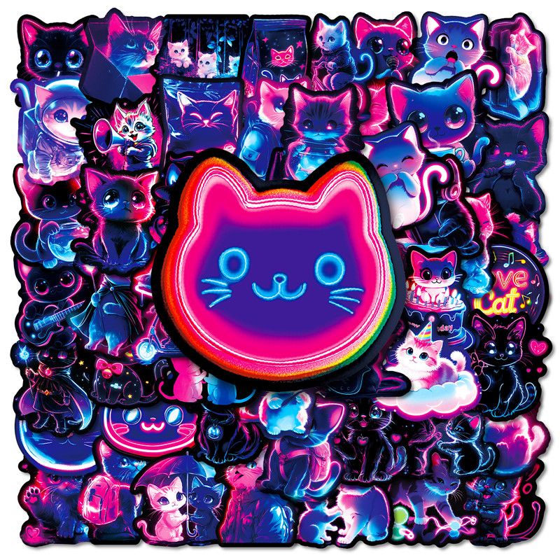56Pcs Neon Light Cat Cartoon Stickers Aesthetic Cute Cat Decal DIY Phone Guitar Laptop Notebook Suitcase Waterproof Stickers H-59