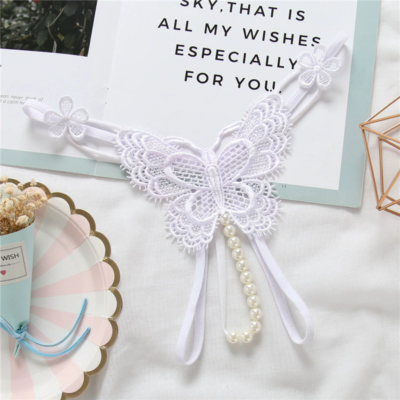 1PC Pearl Sexy Girls G String Open Crotch Lace Panties Women Briefs Hollow Out Transparent Thong Thin Underwear Female Ling FZ-489