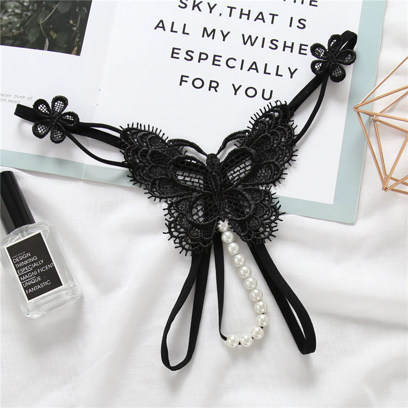 1PC Pearl Sexy Girls G String Open Crotch Lace Panties Women Briefs Hollow Out Transparent Thong Thin Underwear Female Ling FZ-489