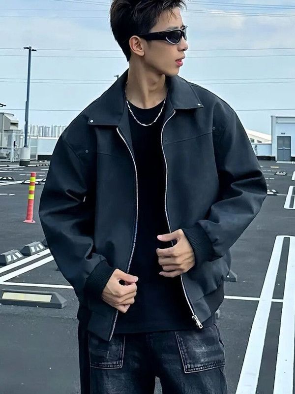 Outerwear Loose Fit Men Jackets Solid Color Long Sleeves Turn Down Collar Jacket Windproof Thick Flight Jacket Autumn Winter