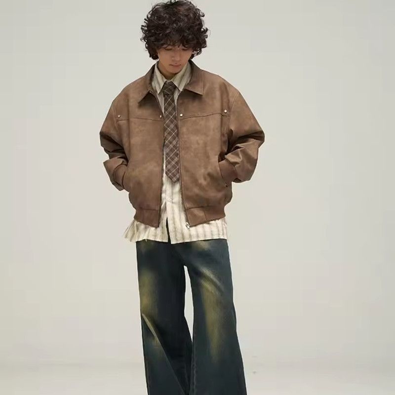 Outerwear Loose Fit Men Jackets Solid Color Long Sleeves Turn Down Collar Jacket Windproof Thick Flight Jacket Autumn Winter