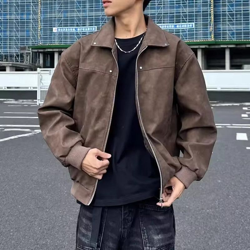 Outerwear Loose Fit Men Jackets Solid Color Long Sleeves Turn Down Collar Jacket Windproof Thick Flight Jacket Autumn Winter
