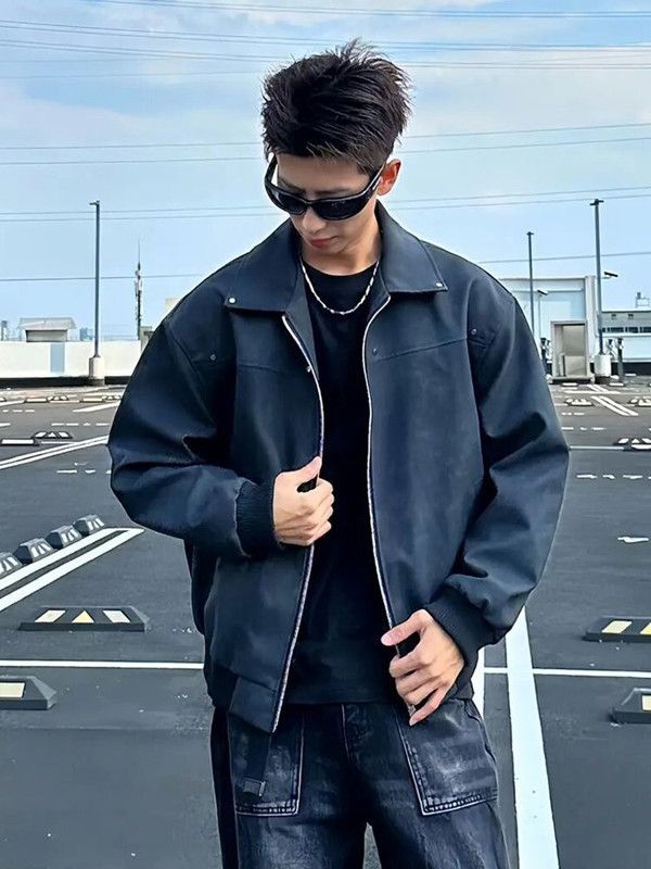 Outerwear Loose Fit Men Jackets Solid Color Long Sleeves Turn Down Collar Jacket Windproof Thick Flight Jacket Autumn Winter