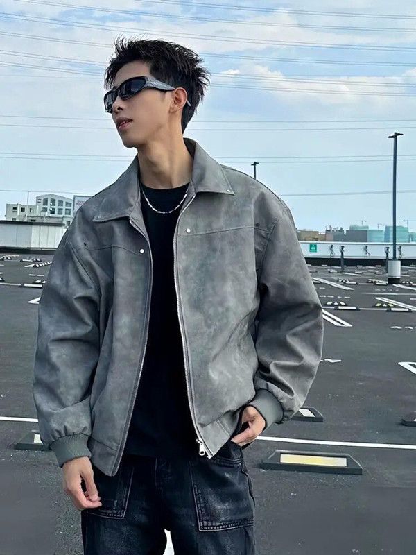 Outerwear Loose Fit Men Jackets Solid Color Long Sleeves Turn Down Collar Jacket Windproof Thick Flight Jacket Autumn Winter