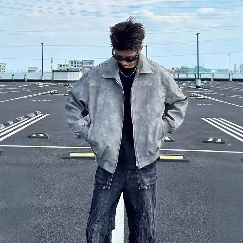 Outerwear Loose Fit Men Jackets Solid Color Long Sleeves Turn Down Collar Jacket Windproof Thick Flight Jacket Autumn Winter