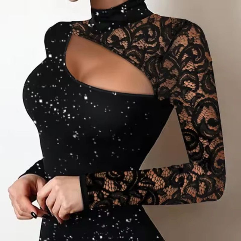 Sexy Dresses for Women Female Party Dresses Wedding Guest Temperament Women's Skinny Glitter Contrast Lace Cutout Bodycon Dress