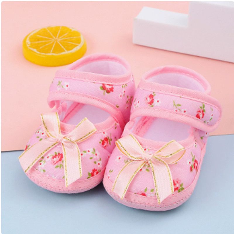 Newborn Baby Floral Print Shoes Bow Decor Adjustable Strap Soft Sole Pre-Walker Footwear for Girls Baby First Shoes for Walking