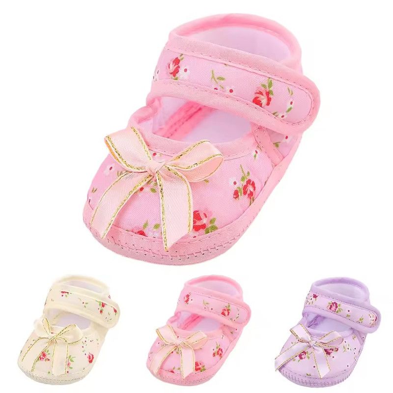 Newborn Baby Floral Print Shoes Bow Decor Adjustable Strap Soft Sole Pre-Walker Footwear for Girls Baby First Shoes for Walking