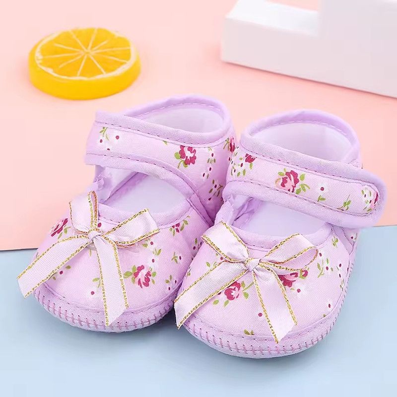 Newborn Baby Floral Print Shoes Bow Decor Adjustable Strap Soft Sole Pre-Walker Footwear for Girls Baby First Shoes for Walking
