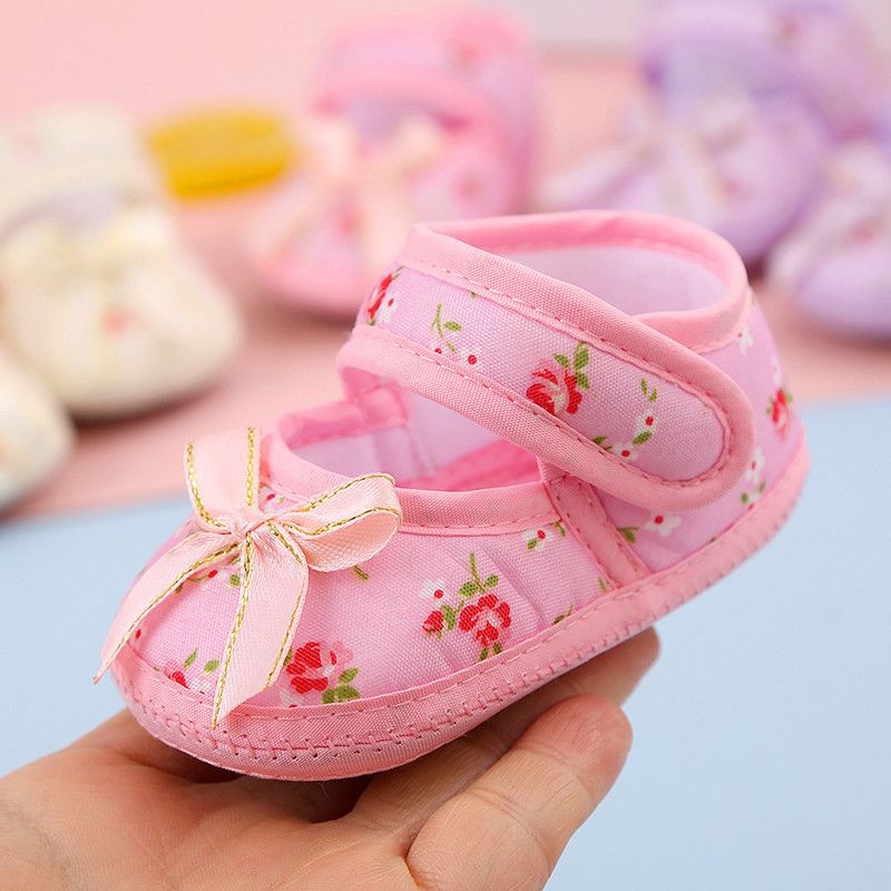 Newborn Baby Floral Print Shoes Bow Decor Adjustable Strap Soft Sole Pre-Walker Footwear for Girls Baby First Shoes for Walking