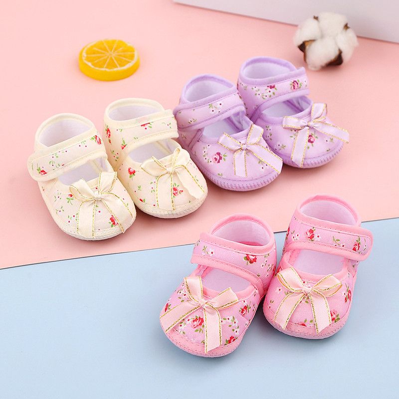 Newborn Baby Floral Print Shoes Bow Decor Adjustable Strap Soft Sole Pre-Walker Footwear for Girls Baby First Shoes for Walking
