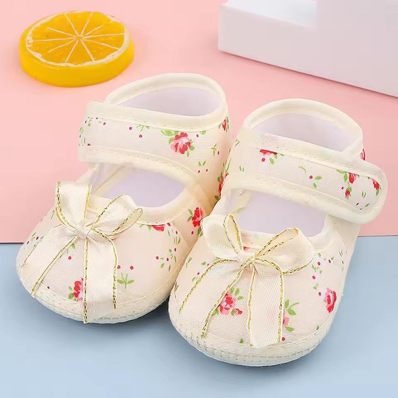 Newborn Baby Floral Print Shoes Bow Decor Adjustable Strap Soft Sole Pre-Walker Footwear for Girls Baby First Shoes for Walking