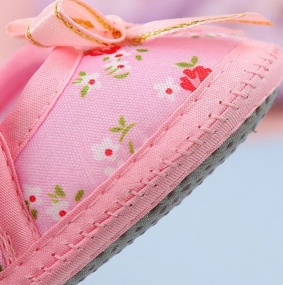 Newborn Baby Floral Print Shoes Bow Decor Adjustable Strap Soft Sole Pre-Walker Footwear for Girls Baby First Shoes for Walking