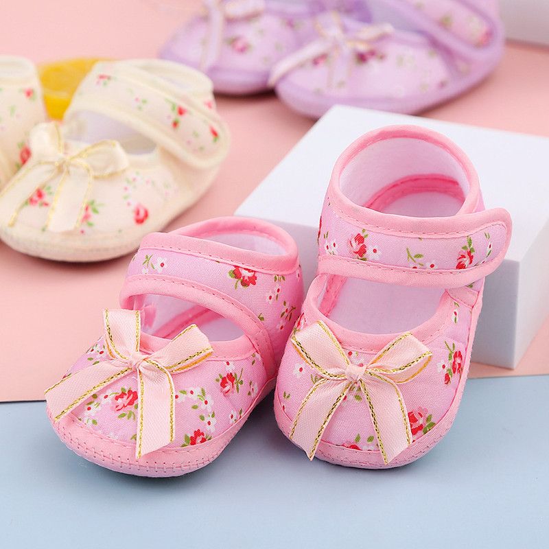 Newborn Baby Floral Print Shoes Bow Decor Adjustable Strap Soft Sole Pre-Walker Footwear for Girls Baby First Shoes for Walking