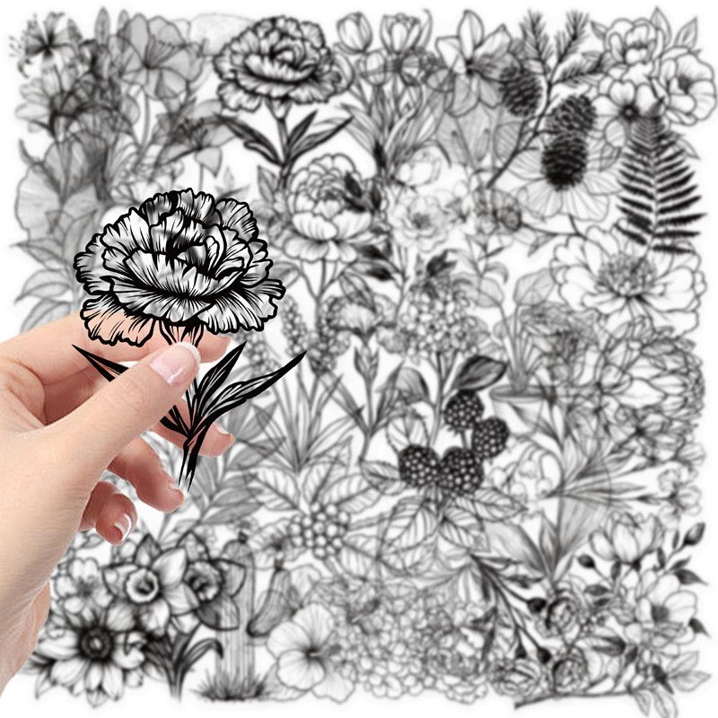 50PCS Black and White Plants Pattern Stickers Perfect for DIY Phone Cases Water Cups PET Sticker Decoration