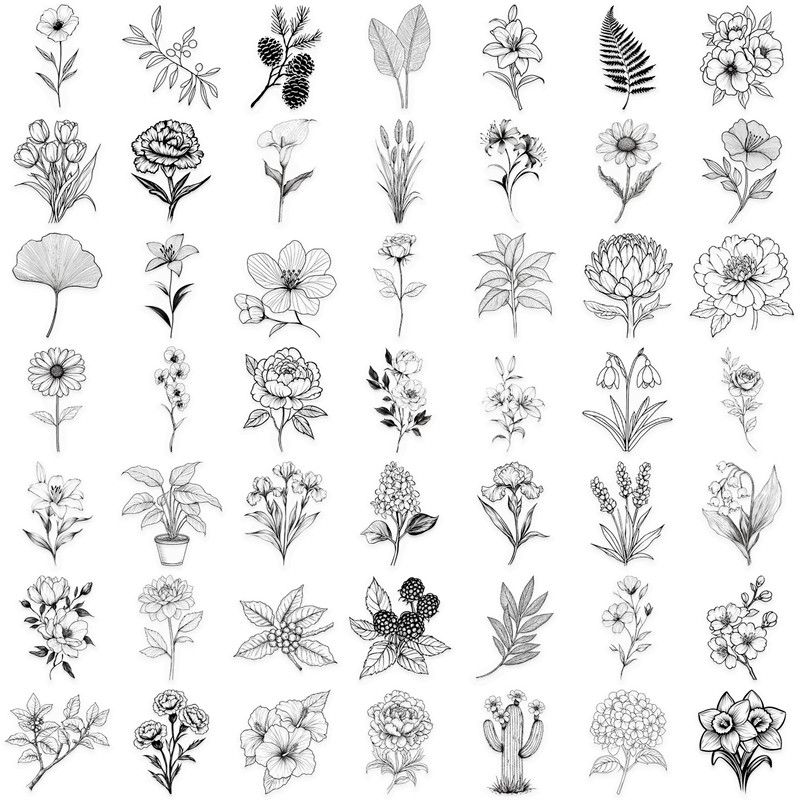 50PCS Black and White Plants Pattern Stickers Perfect for DIY Phone Cases Water Cups PET Sticker Decoration