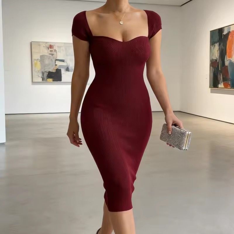 Summer Short Sleeve Casual Cocktail Dress Elegant Square Neck Ribbed Bodycon Party Dresses Solid Color Slim Fit Women's Clothes