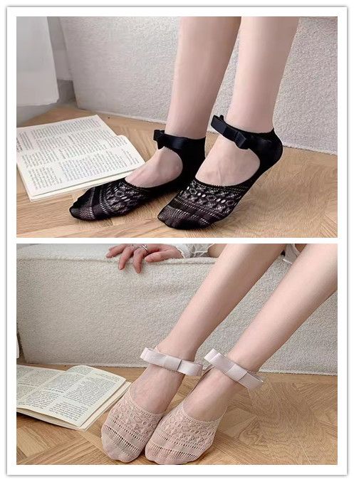 1 Pair Ballet Style Woman Summer Hollow Lace Bowknot Lolita Solid Color Socks Thin Casual Sweet Girls Invisible Lace Boat Socks