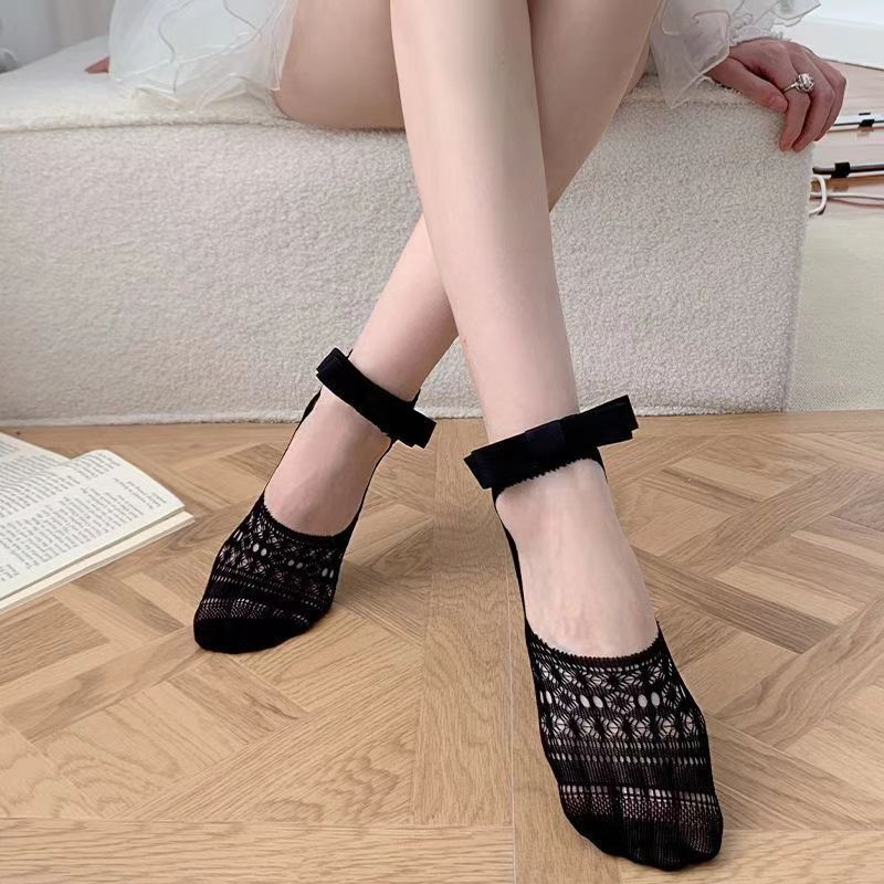 1 Pair Ballet Style Woman Summer Hollow Lace Bowknot Lolita Solid Color Socks Thin Casual Sweet Girls Invisible Lace Boat Socks