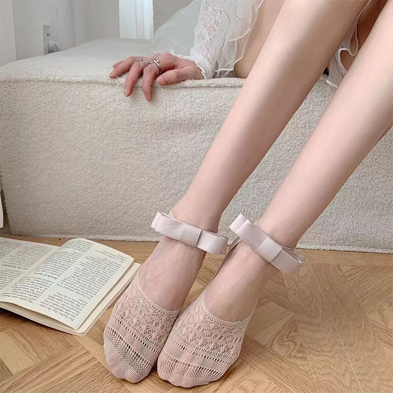 1 Pair Ballet Style Woman Summer Hollow Lace Bowknot Lolita Solid Color Socks Thin Casual Sweet Girls Invisible Lace Boat Socks