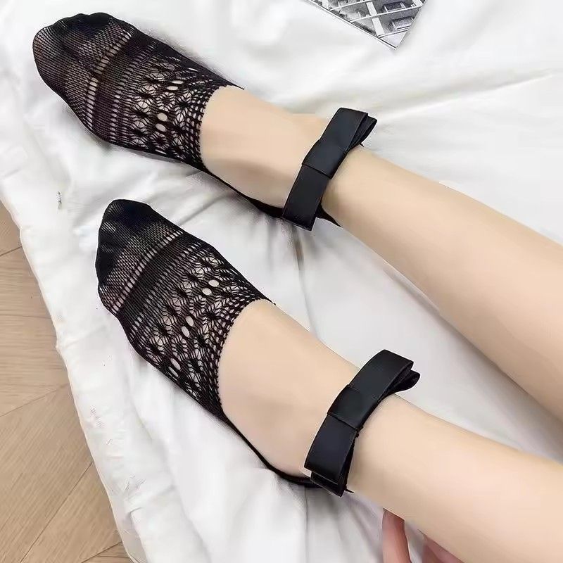 1 Pair Ballet Style Woman Summer Hollow Lace Bowknot Lolita Solid Color Socks Thin Casual Sweet Girls Invisible Lace Boat Socks