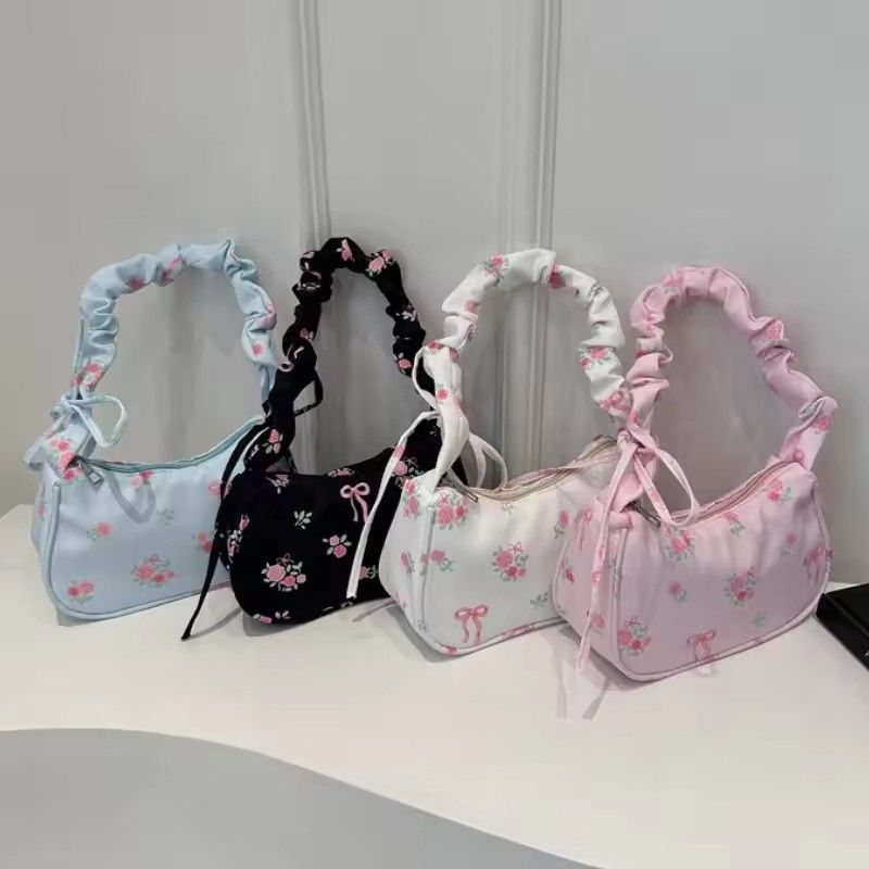 Women's Bags 2026 Summer Canvas Pleated Handbags Armpit Bag Korean Floral Bow Printed Zipper Tote Bag Female Small Shoulder Bag