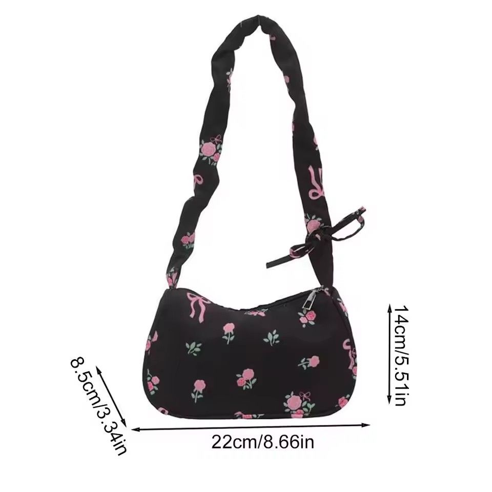 Women's Bags 2026 Summer Canvas Pleated Handbags Armpit Bag Korean Floral Bow Printed Zipper Tote Bag Female Small Shoulder Bag