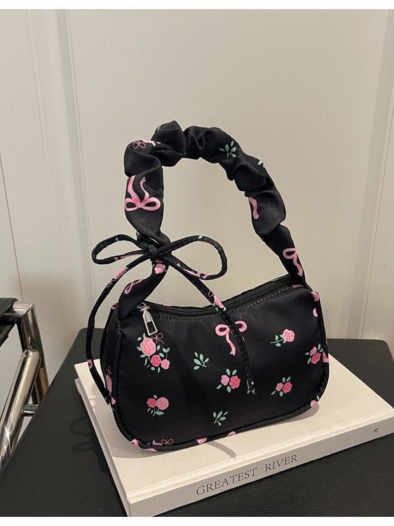 Women's Bags 2026 Summer Canvas Pleated Handbags Armpit Bag Korean Floral Bow Printed Zipper Tote Bag Female Small Shoulder Bag