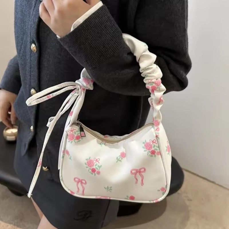 Women's Bags 2026 Summer Canvas Pleated Handbags Armpit Bag Korean Floral Bow Printed Zipper Tote Bag Female Small Shoulder Bag
