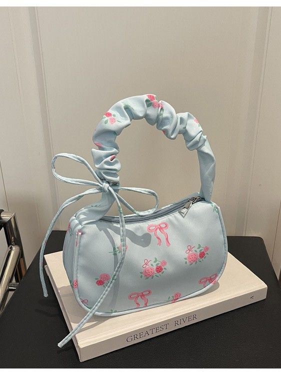 Women's Bags 2026 Summer Canvas Pleated Handbags Armpit Bag Korean Floral Bow Printed Zipper Tote Bag Female Small Shoulder Bag