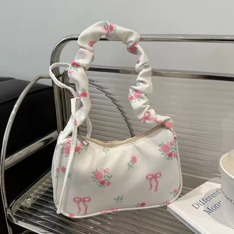 Women's Bags 2026 Summer Canvas Pleated Handbags Armpit Bag Korean Floral Bow Printed Zipper Tote Bag Female Small Shoulder Bag