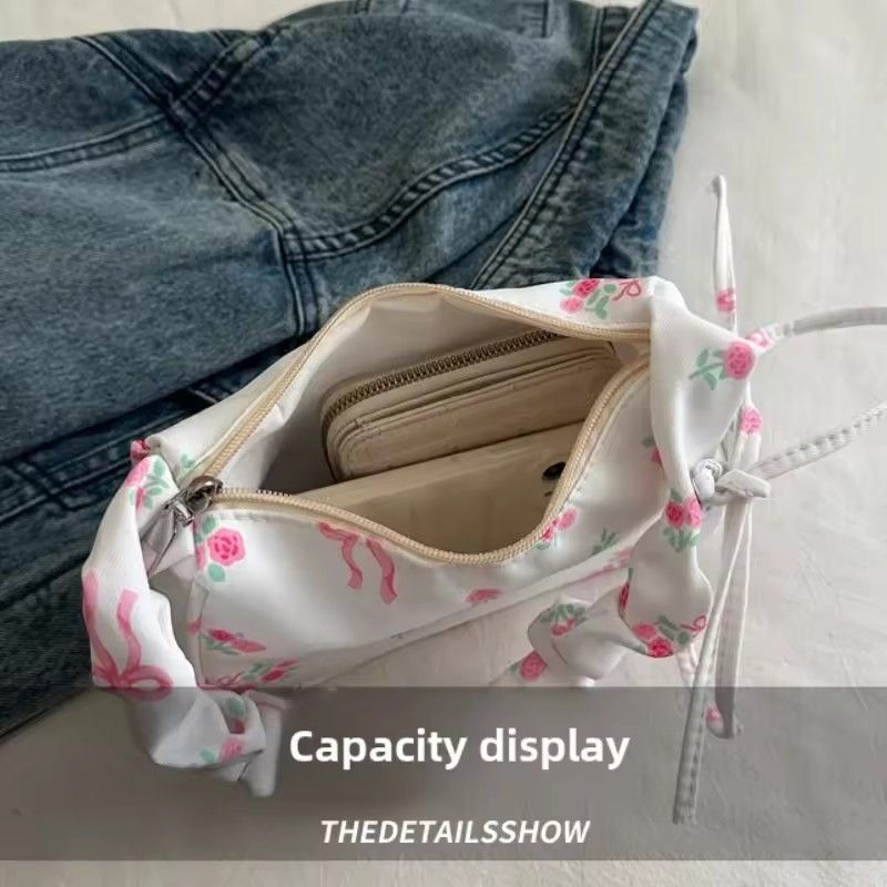 Women's Bags 2026 Summer Canvas Pleated Handbags Armpit Bag Korean Floral Bow Printed Zipper Tote Bag Female Small Shoulder Bag