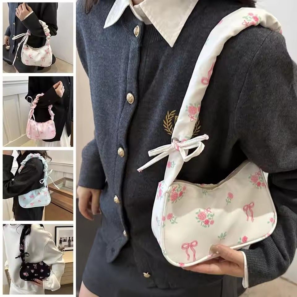 Women's Bags 2026 Summer Canvas Pleated Handbags Armpit Bag Korean Floral Bow Printed Zipper Tote Bag Female Small Shoulder Bag