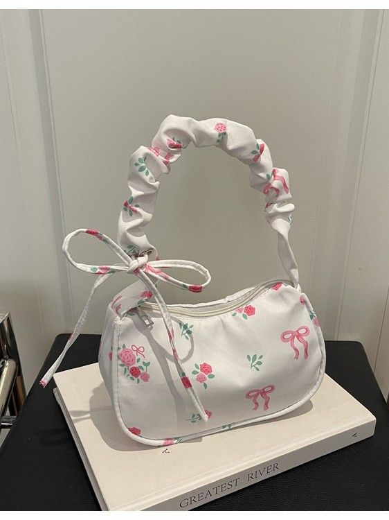 Women's Bags 2026 Summer Canvas Pleated Handbags Armpit Bag Korean Floral Bow Printed Zipper Tote Bag Female Small Shoulder Bag