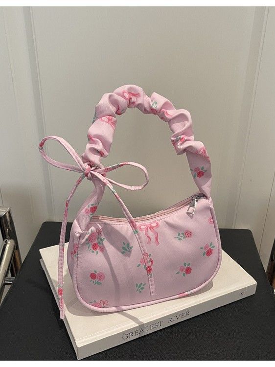 Women's Bags 2026 Summer Canvas Pleated Handbags Armpit Bag Korean Floral Bow Printed Zipper Tote Bag Female Small Shoulder Bag