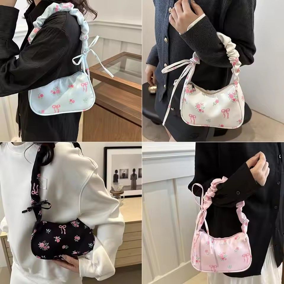 Women's Bags 2026 Summer Canvas Pleated Handbags Armpit Bag Korean Floral Bow Printed Zipper Tote Bag Female Small Shoulder Bag